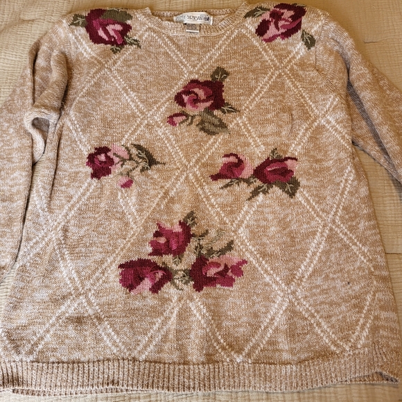 Vintage Chrysantheme Tan and Roses Women's Sweater - Picture 1 of 7
